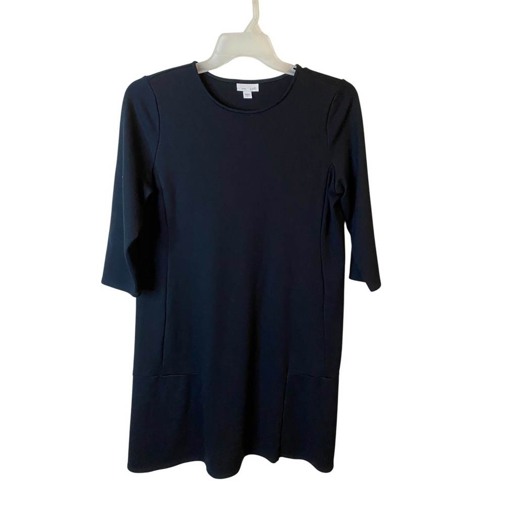 J Jill Ponte Black Knit Dress Womens Medium 3/4 Sleeve Pockets Knee Length Shift